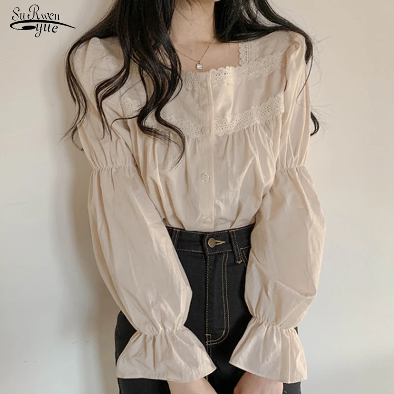 

Solid Cardigan Sweet Shirt Blusas Clothes Women Tops Beige Lace Blouse Vintage Square Collar Women Long Puff Sleeve Shirt 11200