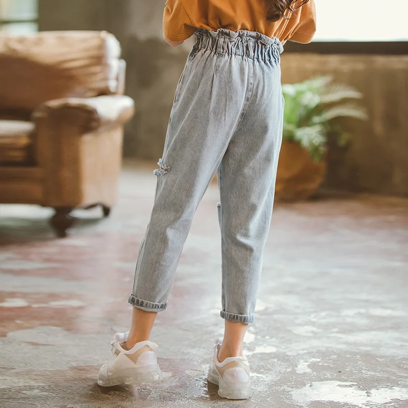 Джинсы с завышенной талией для девочек облегающие рваные брюки повседневные