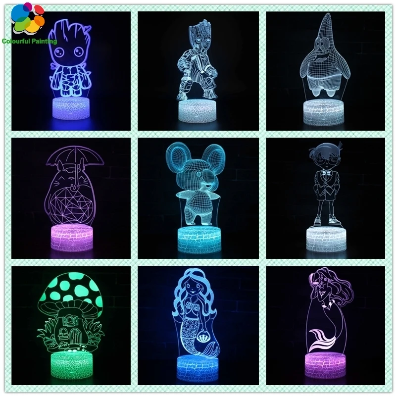 Мультфильм Медведь Тоторо Conan Русалка 3D свет светодиодный трещины ночник 7 цветов