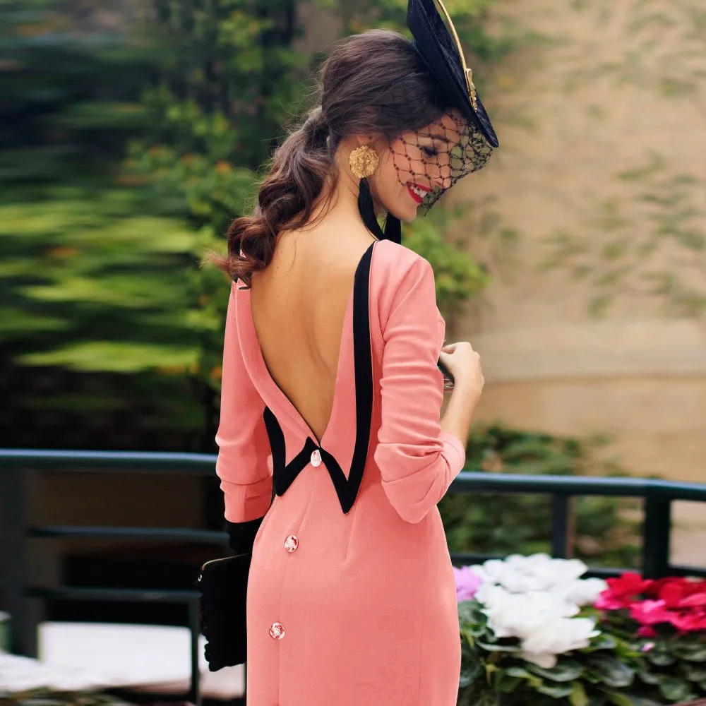 Женское платье с открытой спиной и высокой талией элегантное однотонное бантом