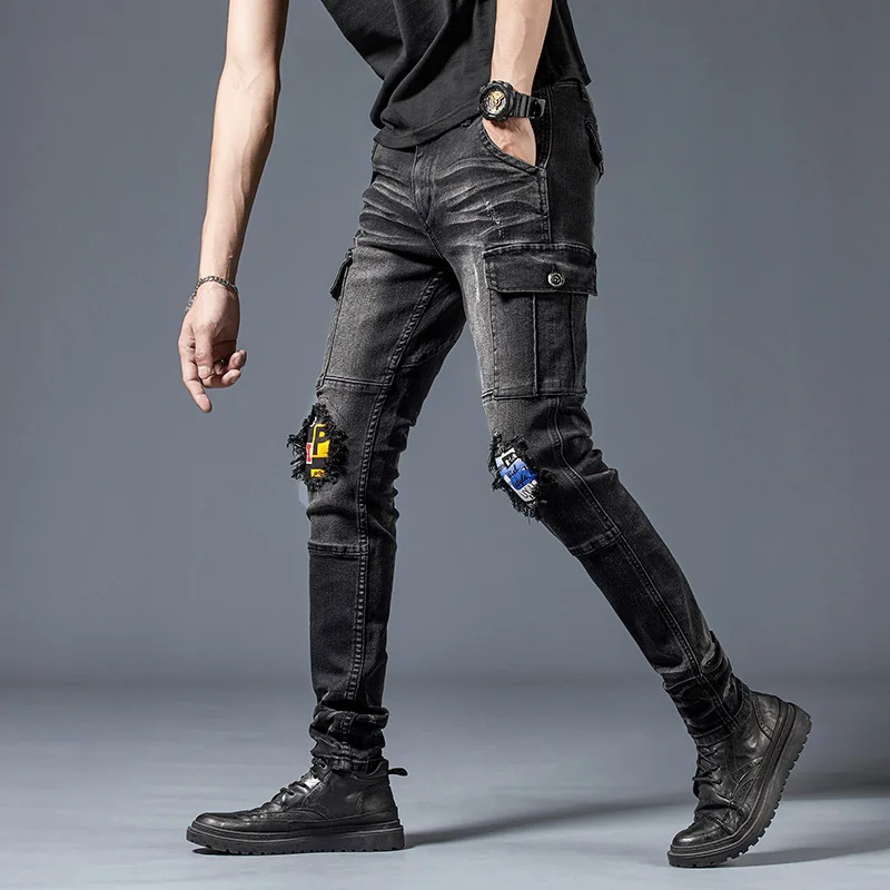 Men's Multi-Pocket Black Stretch Jeans Fashion Streetwear Denim Trousers Biker Male Casual Straight Slim Ripped Motorcycle Pants