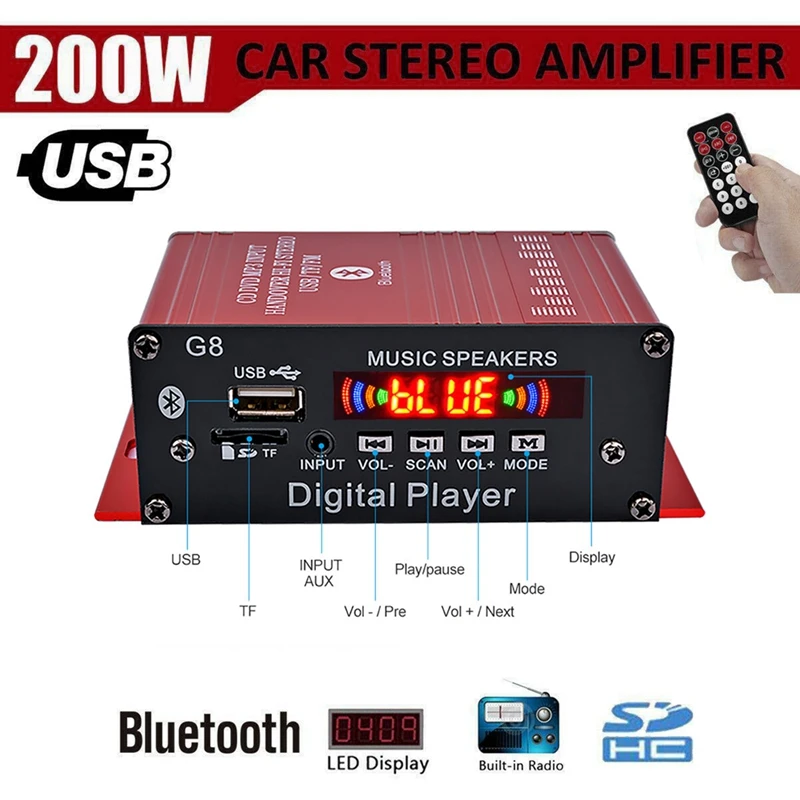 

G8 200W 12V Car Audio Amplificador HIFI Bluetooth Home Stereo Amplifiers Audio Power Amplifier FM Radio 2CH USB TF AUX