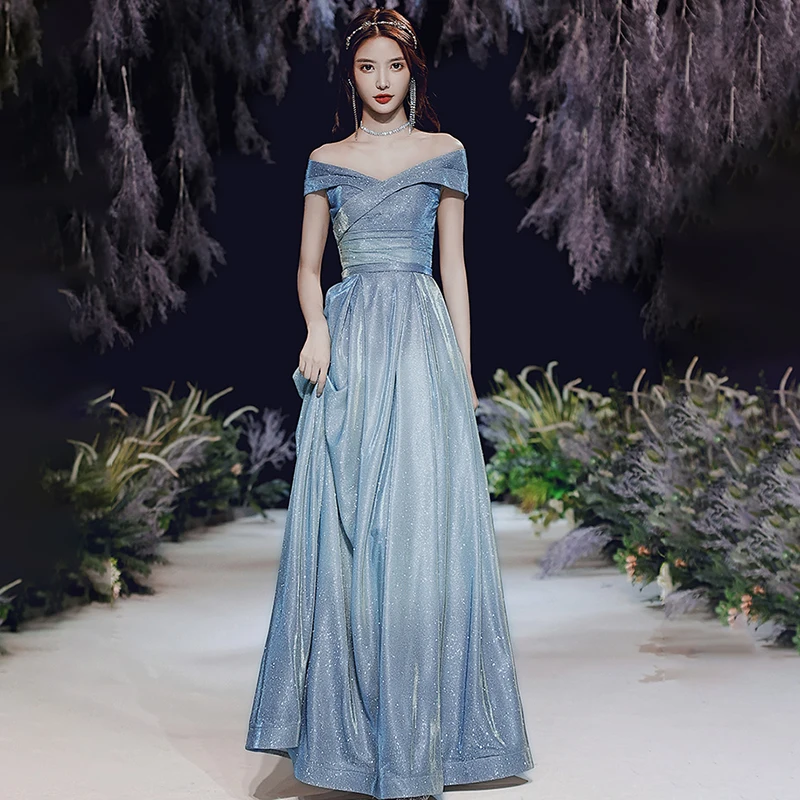

New Boat Neck Elegant Evening Dress Off The Shoulder Bling A-Line Floor-Length Simple Pleat Lace Up Woman Formal Party Gown A559