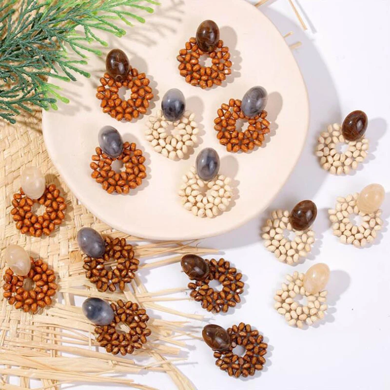 

YAOLOGE Fashion ZA Long Beads Rattan Drop Earrings For Women Round Handmade Wood Big Dangle Earring Ethnic Boho 2019 Jewelry
