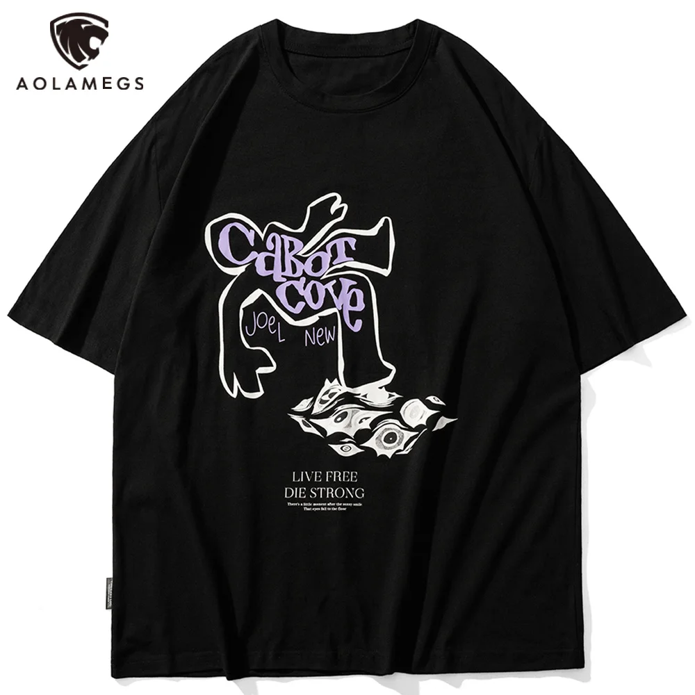 

Aolamegs Men T-shirt Funny Letter Eye Graffiti Short Sleeve Tees Casual Superior Quality Tops Hip Hop Harajuku Streetwear Summer