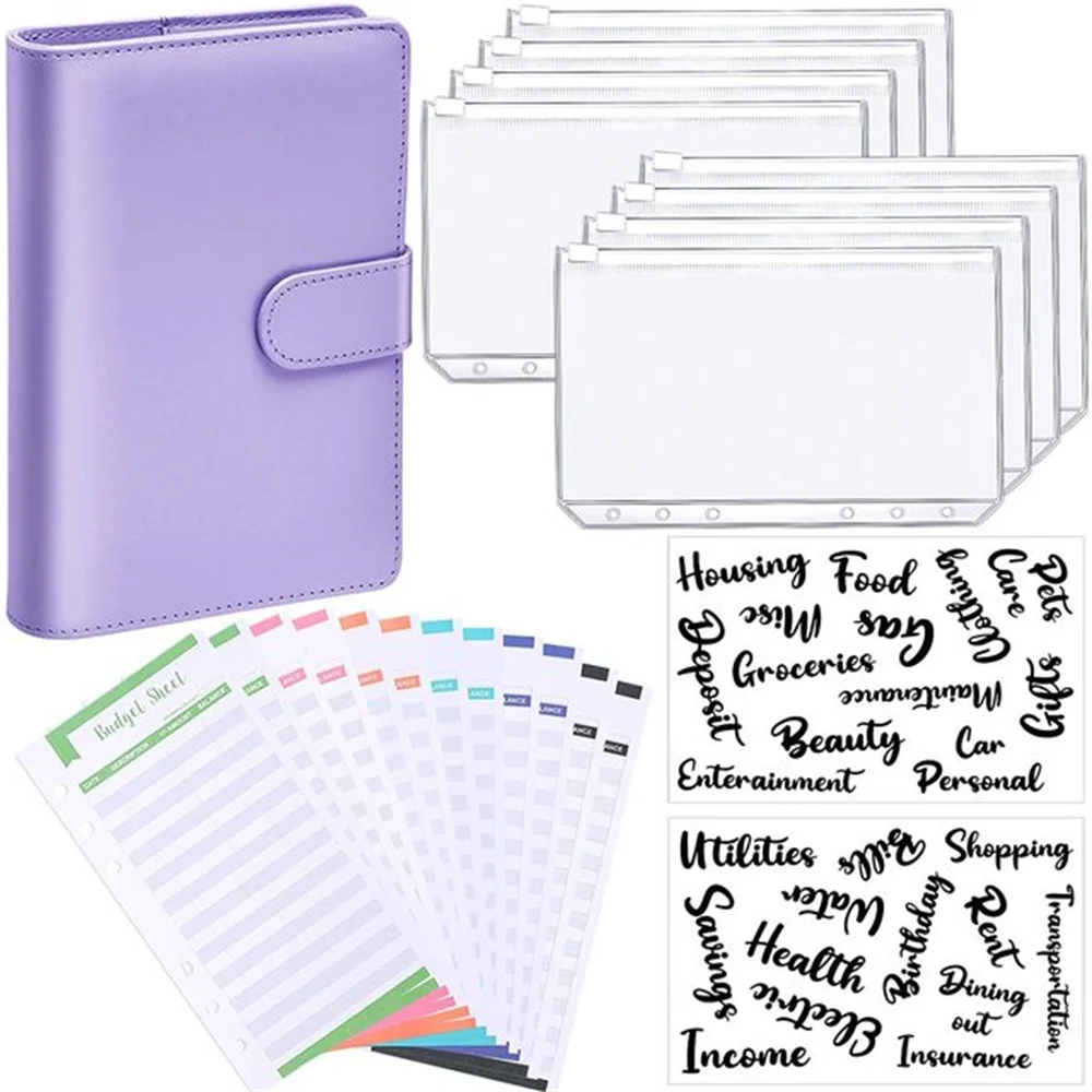 

A6 Pu Leather Notebook Binder Budget Planner Organizer 6 Ring Binder Cover, 8 Binder Pockets And 12 Pieces Expense Budget Sheets
