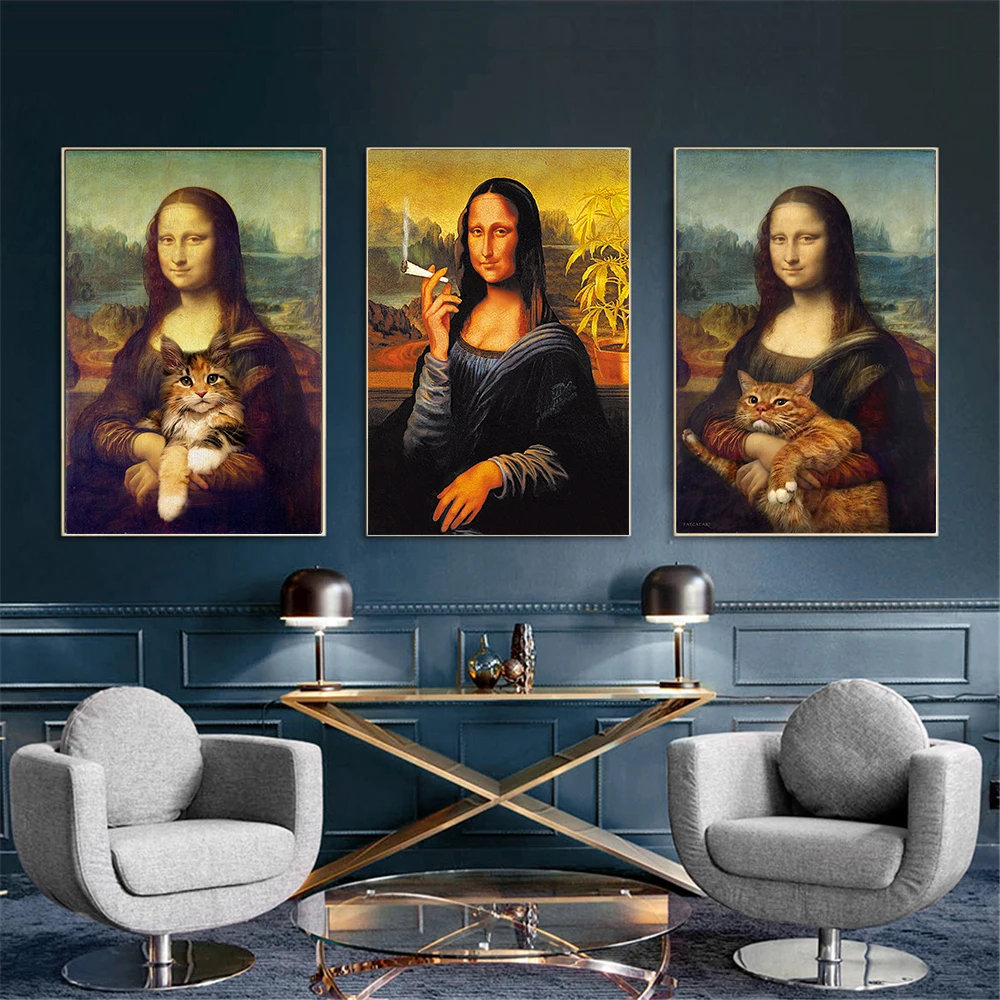 Ретро холст картины Spoof Mona Lisa Cat граффити искусство абстрактный живопись плакаты