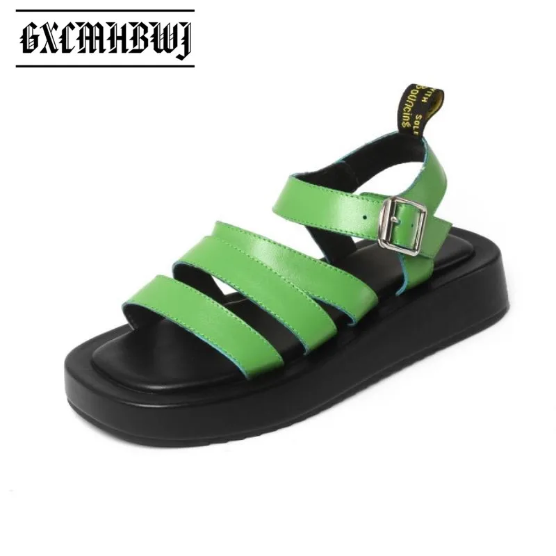 

GXCMHBWJ Summer Green Genuine Leather Flat Platform Women Sandals Gladiator Peep Toe Belt Buckle Thick Bottom Heel Ladies Shoes