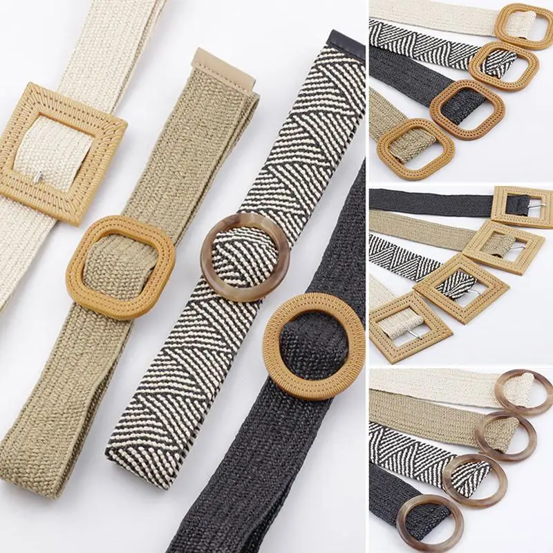 Простой Плетеный ремень в стиле бохо для женщин пояс из соломы с круглой