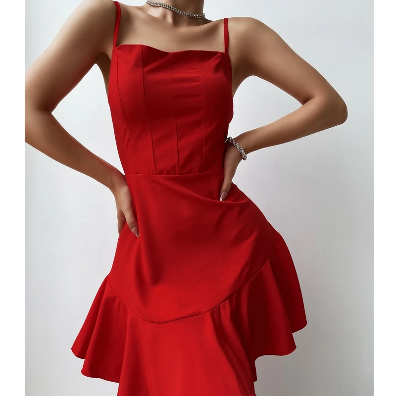 

Wepbel A-line Mini Sleeveless Bodycon Dress Suspender Waist Ruffled Dress Women Square Collar High Waist Dress High Waist