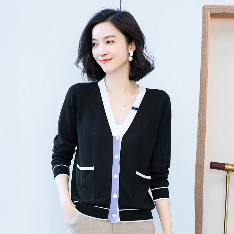 

Knitted Cardigan Sweater New Spring Autumn Women Patchwork V Neck Long Sleeve Sweater Fashion Cardigan for Female Jumper Outwear