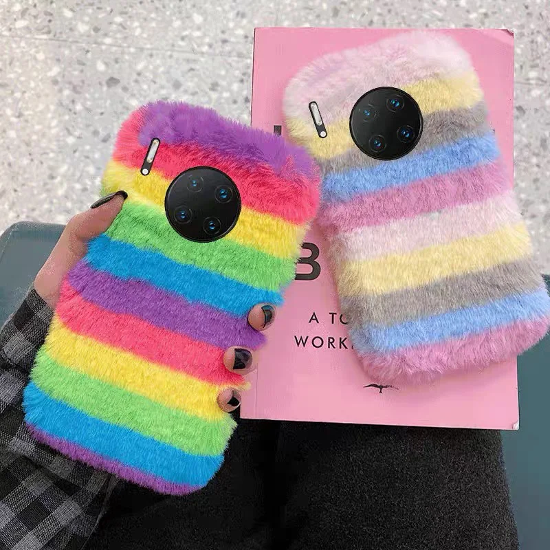 Модный Радужный Пушистый Теплый мягкий чехол для телефона Samsung Galaxy S8 S9 S10 S20 FE S21 Plus