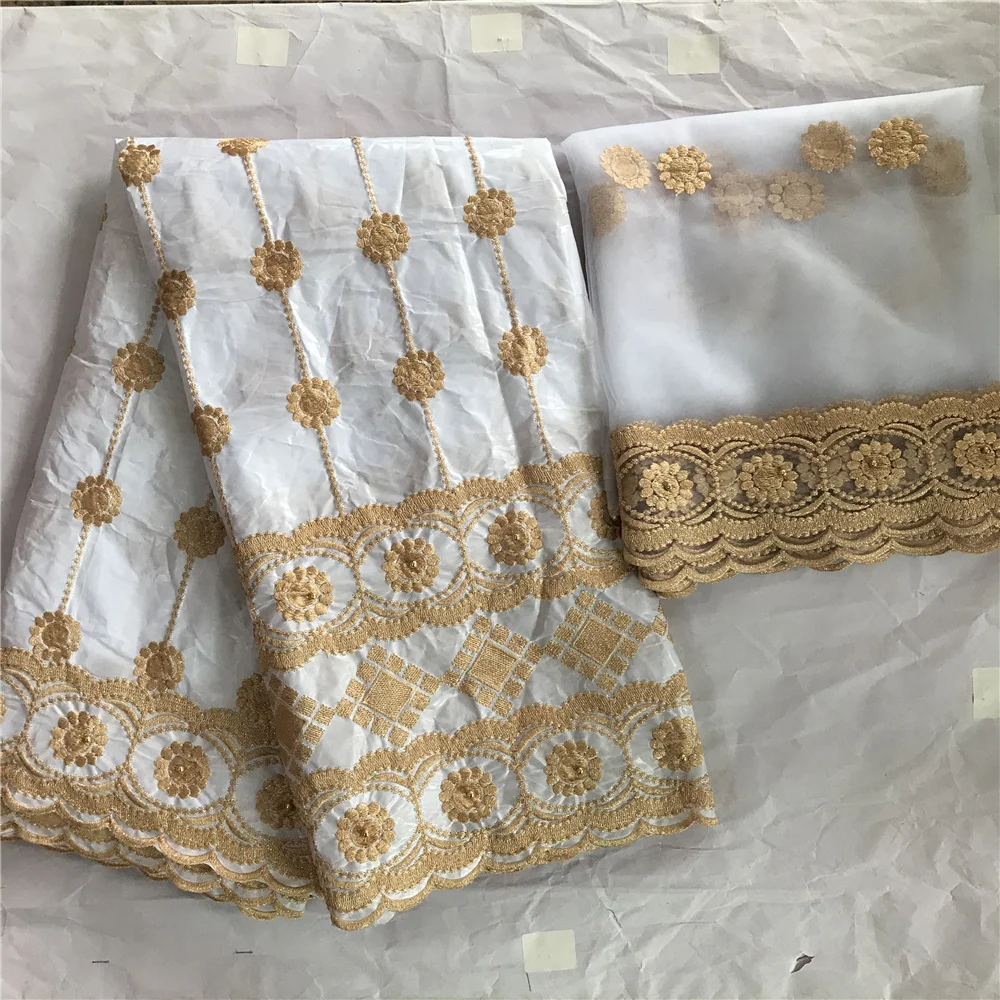 Gold Beaded Embroidered Bazin Riche Lace Brode Fabrics With 2 Yards Net For Indian African Women Blouse Dresses Basin Beads | Дом и сад
