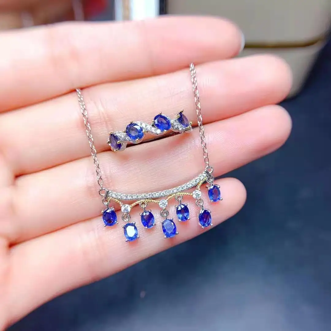

Natural Sapphire Tassel Necklace Ring Set S925 Sterling Silver Fine Fashion Jewelry for Women MeibaPJFS