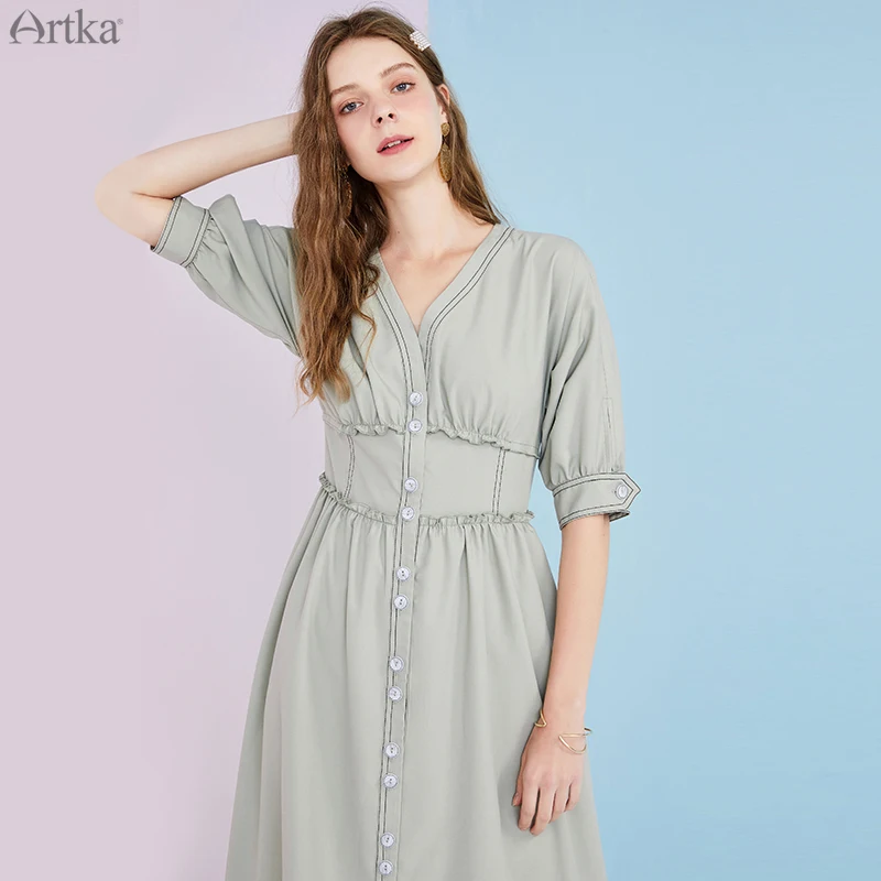 Платье ARTKA женское с V-образным вырезом элегантное французское однобортное