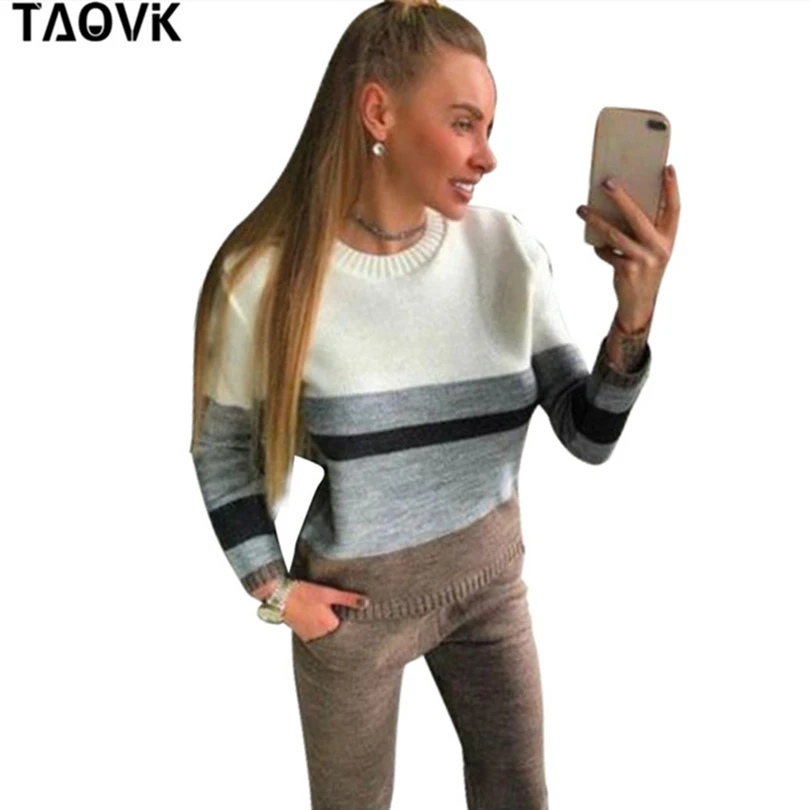 Khaki TAOVK, удобный женский свитер, костюмы, вязаный спортивный костюм, многоцветные, с вырезами и шитьем, джемпер, пуловеры+ штаны, комплект из двух предметов, наряды - Цвет: Khaki