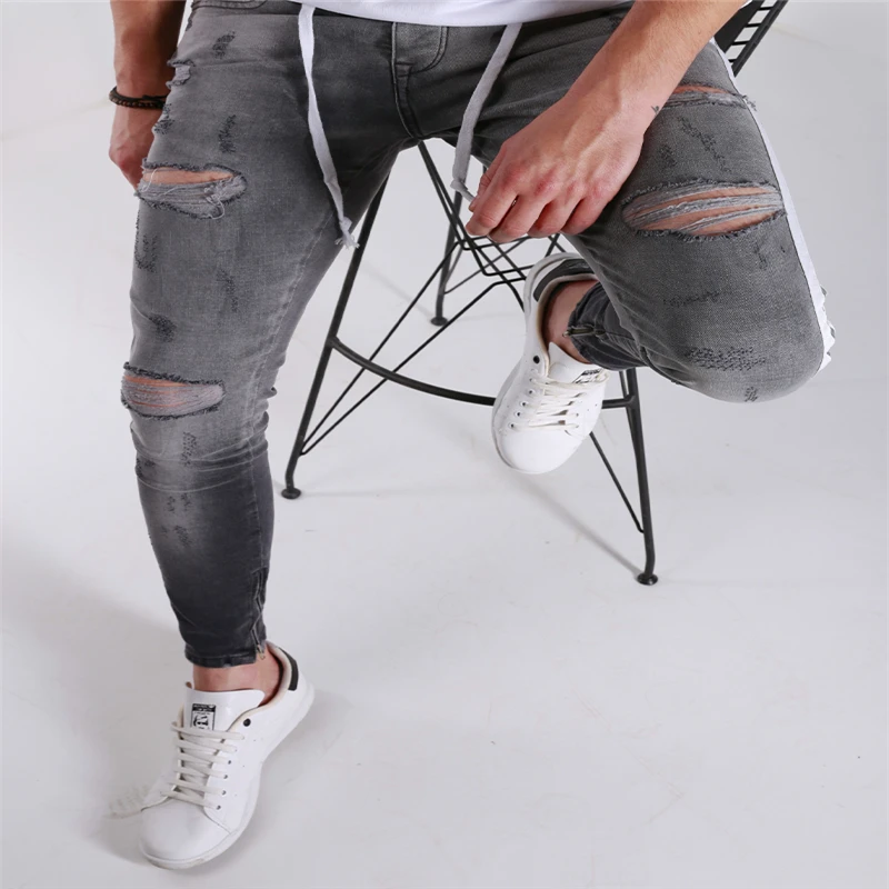 Men Spring Fall Plus-Size Holes Small Feet Casual Sports Trend Gray Blue Zippered Pants Jeans