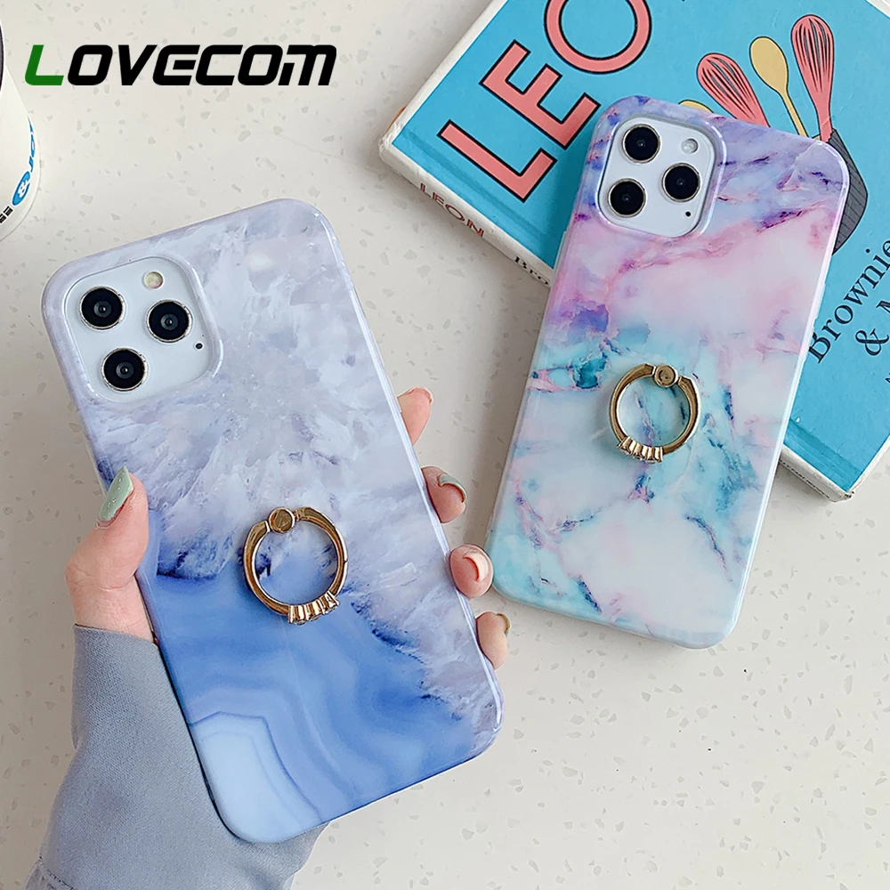 Роскошный Мраморный чехол LOVECOM для iPhone 11 12 Pro Max XS XR x 8 7 Plus 6S кольцо держатель на