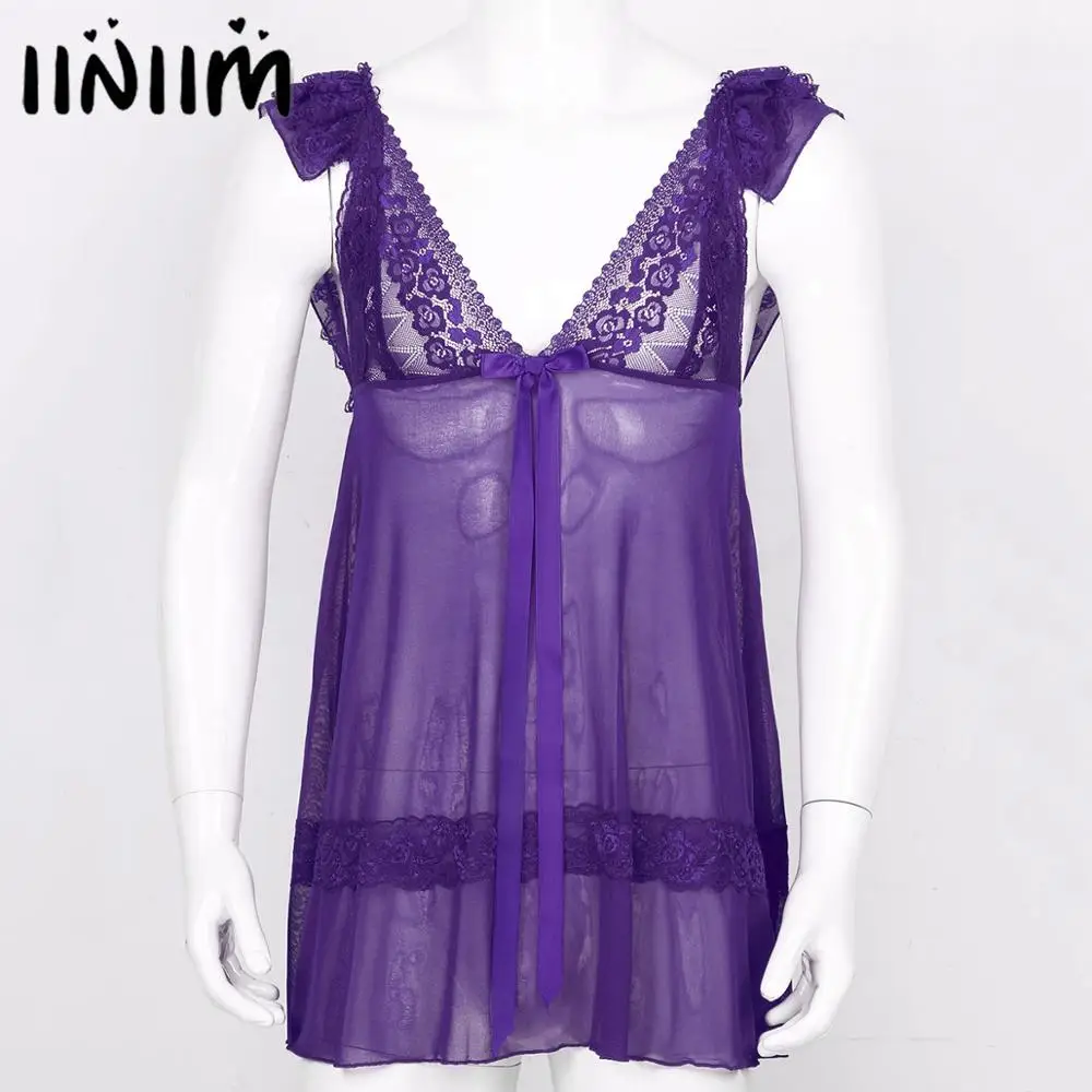 

Mens Sissy Lingerie Mini Dress Up Costumes Ruffle Lace Shoulder Straps See-through Sheer Mesh Gay Male Babydolls Nightwear