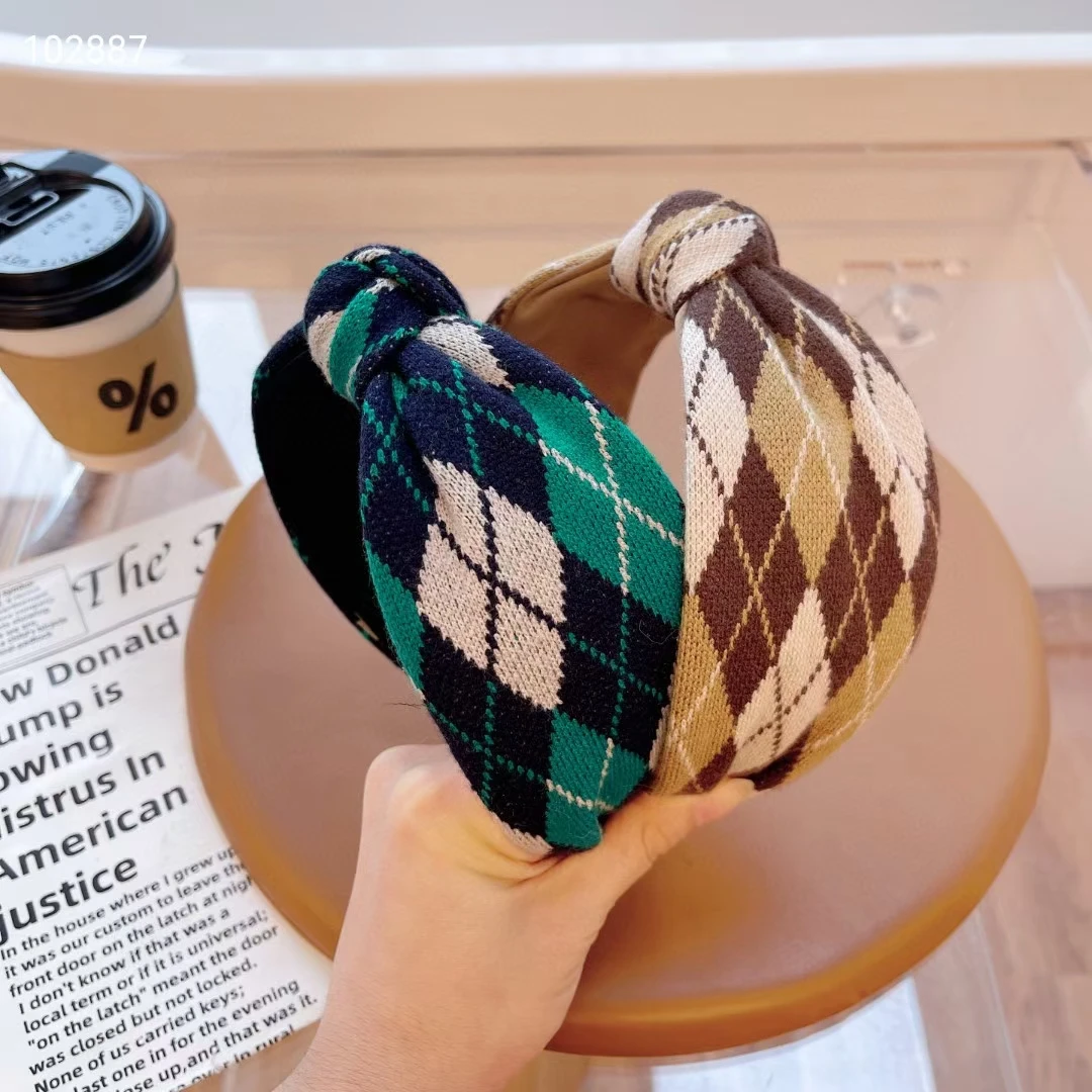 

Широкая обруч с узелком из кожи «гусиные лапки», модная Ретро обруч для волос в клетку, подходящая по цвету заколка, Женский обруч для волос