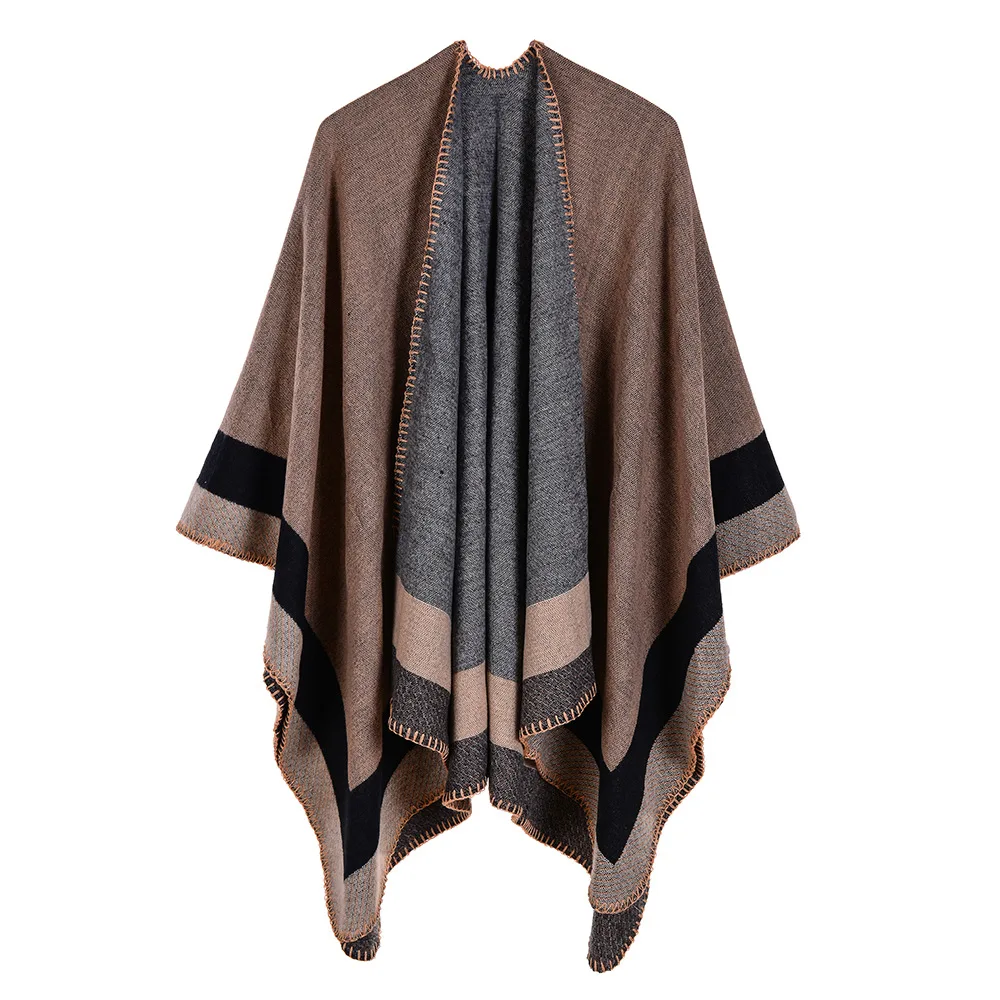 Autumn Winter Thick Cloak Scarf Women Plaid Travel Shawl Imitation Cashmere Capes Fashin Stripe Fork Thicker Cloaks Wraps Femme |