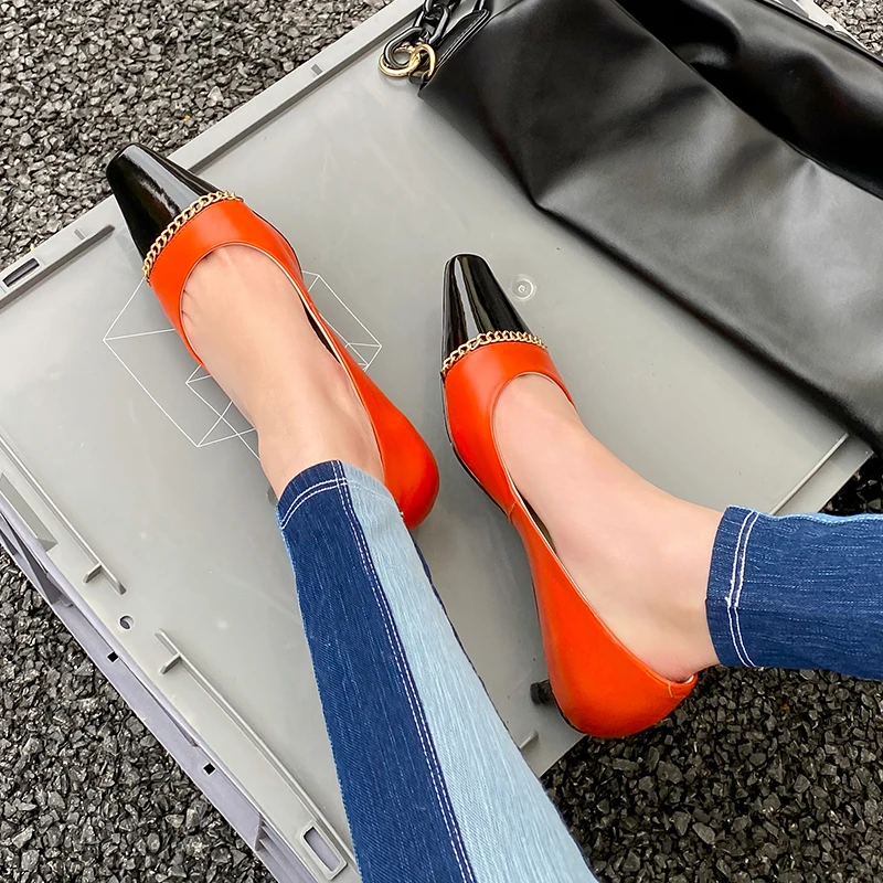 

Drestrive Women Pumps Full Genuine Leather Pointed Toe Patchwork Thin Low Heel Chain 2021 Spring Black Cow Patent Leather