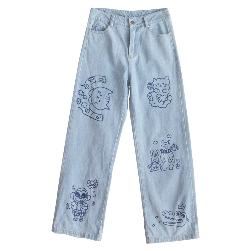 

New Super Cute Jeans Girl Harajuku Casual Loose Light Straight Denim Female Cute Animal Printed Soft Sister Trousers