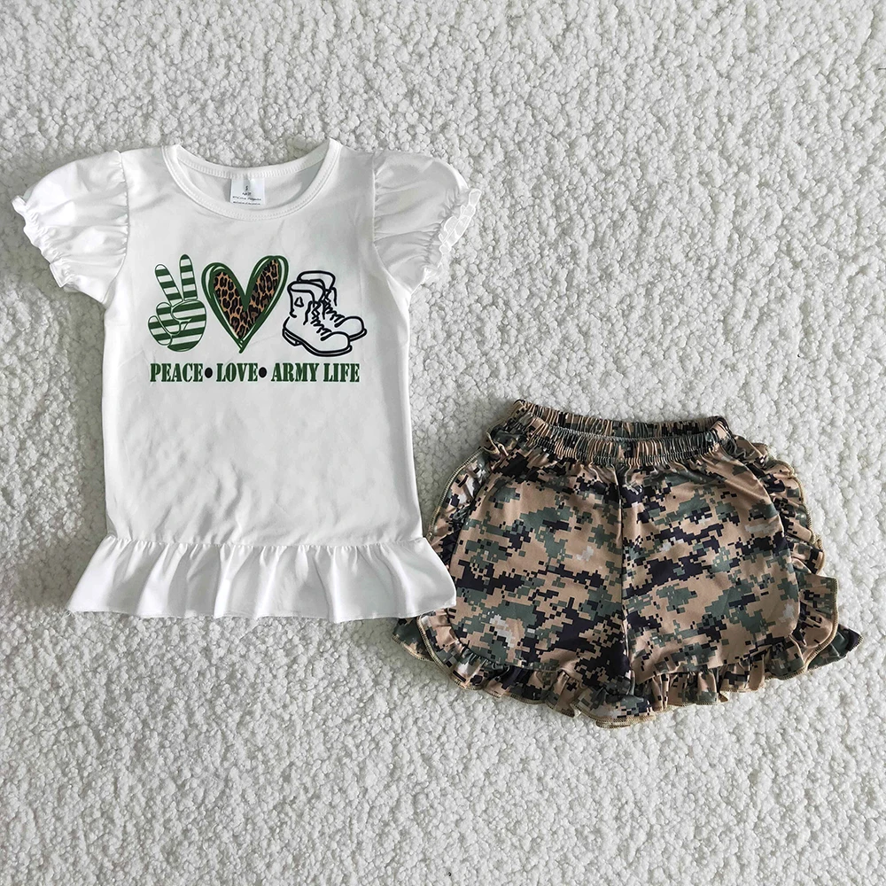 

New Arrival Kids Summer Short Sleeve Clothes Girl Ruffle Top Camouflage Shorts 2Pieces Set Infants Pattern Outfit