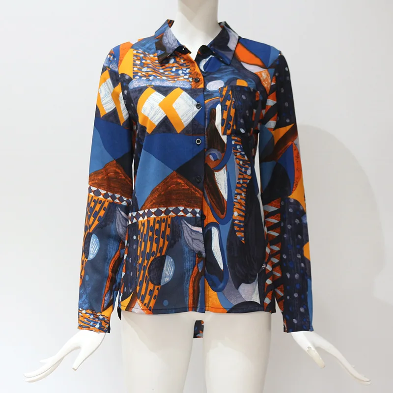 Женская рубашка с геометрическим принтом блузка длинными рукавами и карманами
