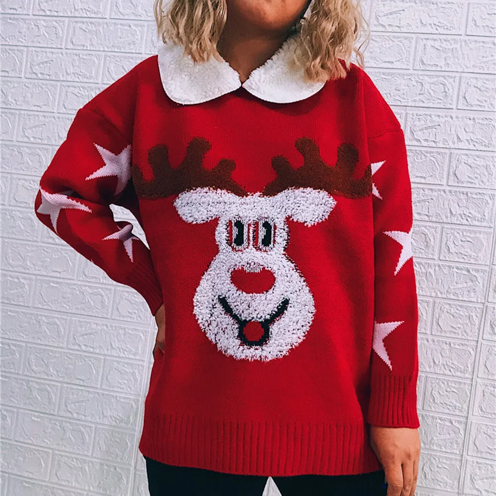 

Winter New Fashion Casual Loose Round Neck And Long Sleeves Stitching Lapel Christmas And New Year Themed Women's Sweater