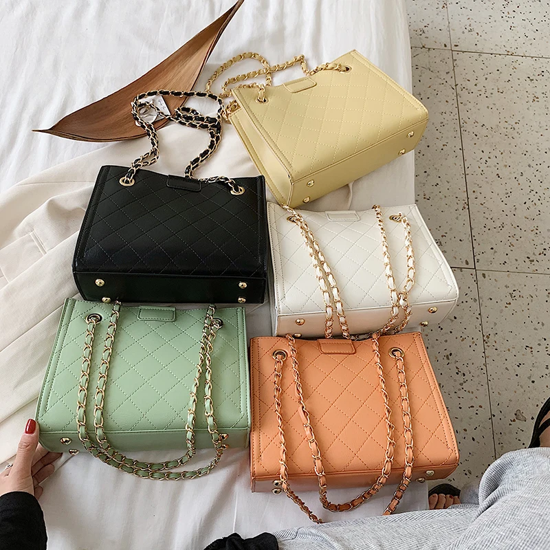 

Small Chain Ladies Leather Shoulder Bag Popular Daily Travel Handbags For Women 2021 Fashion Solid Color Diamond Pattern X106H