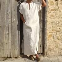 men robes kaftan muslim arab islamic v neck short sleeve solid cottonthobe vintage loungewear plus size arabia man