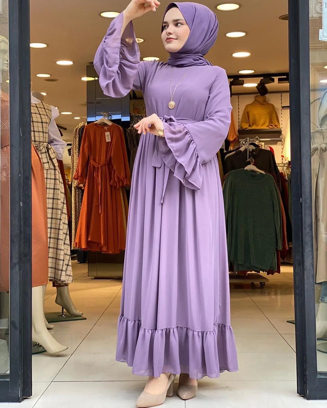 Мусульманское платье Donsignet, женское шифоновое платье с расклешенным рукавом, мусульманская Мода, Дубай, абайя, Турция, Саудовская Аравия