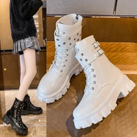 2021 black and white platform combat ankle boots womens lace up buckle belt womens shoes new winter motorcycle boots