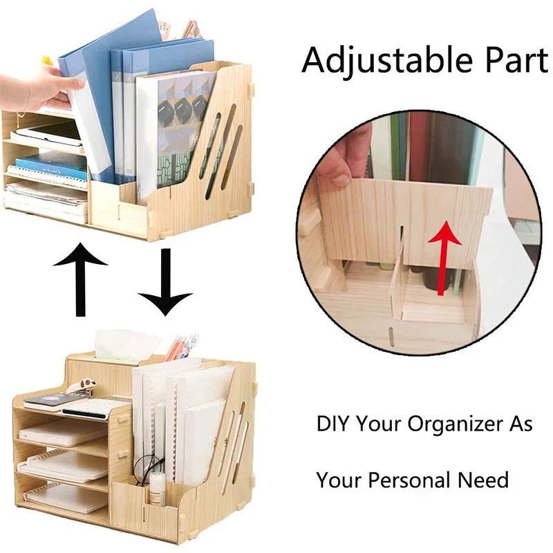

Wooden Office Desk Organizer Set Accessories, Multi-Functional Pen Holder Box for Desktop Stationary, Paper Filer Trays