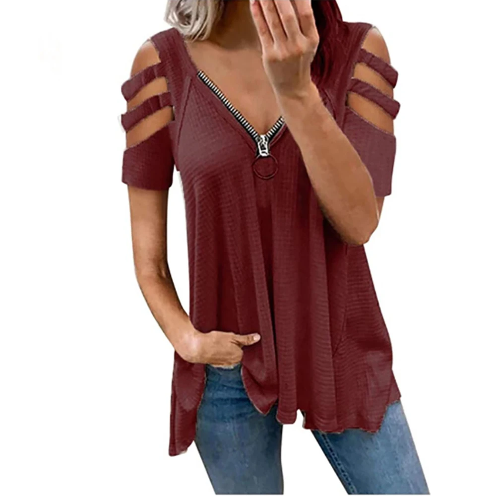 

Fashion Sexy Short Sleeve T Shirt For Women 2021 Summer New Hollow V-Neck Zipper Solid Color Off-The-Shoulder Plus Size Top
