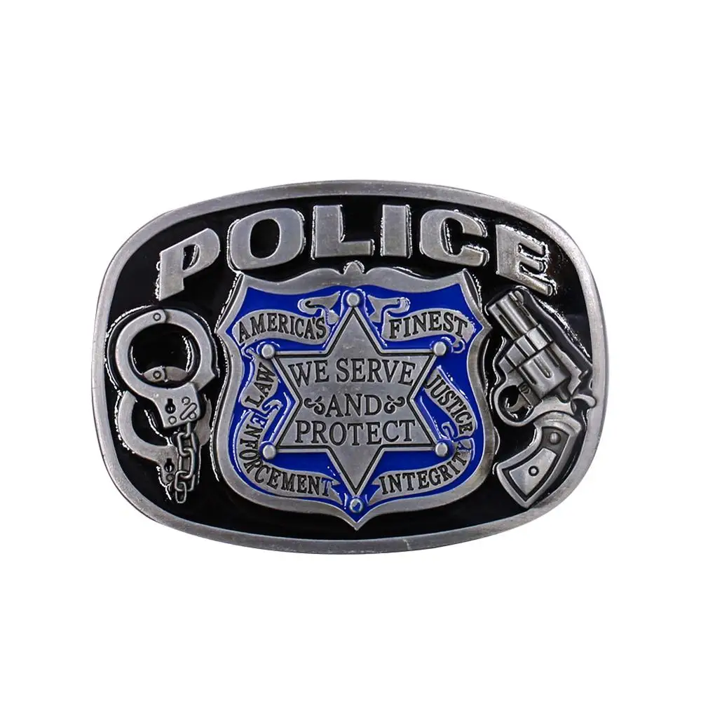 

Cool Police Blue Color Shield Pistol Handcuffs POLICE Metal Belt Buckle with Black Pewter Finish Classical Men's Gift