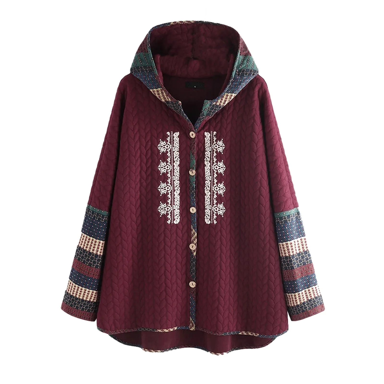 

Women Winter Warm Outwear Floral Print Long Sleeve Hooded Coats Vintage Fluffy Fleece Zipper Coat Loose Female Pocket Jacket
