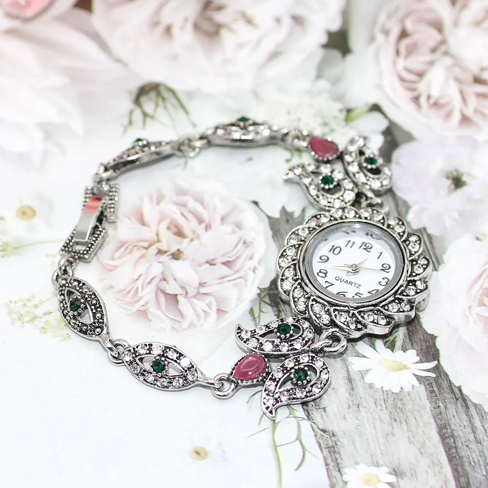 Sunspice Ms античный браслет для часов женщин Серебряный цветок с кристаллами