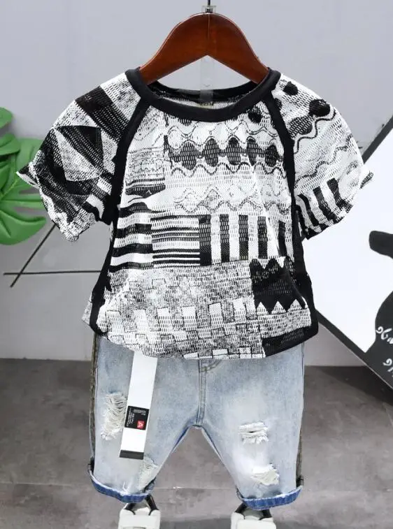 2pcs set Новые летние комплекты одежды для мальчиков Одежда для детей дышащая футболка с короткими рукавами и вырезами для мальчиков+ джинсовые шорты костюм из 2 предметов для детей 2-6 лет - Цвет: 2pcs set