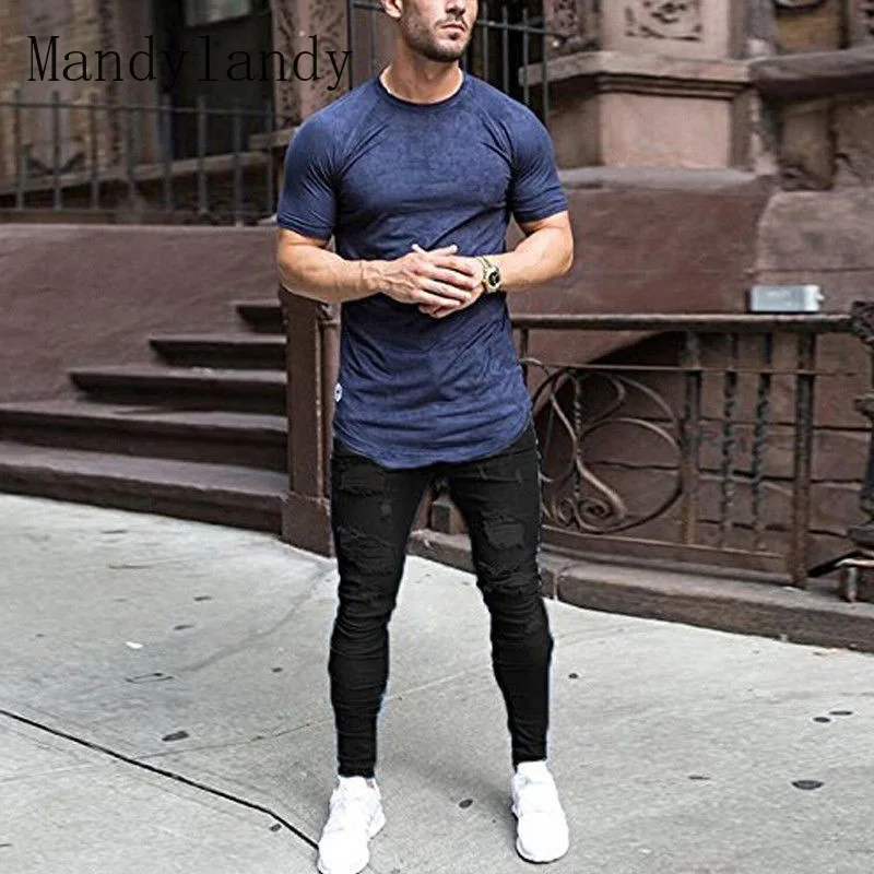 

Mandylandy Jeans Men's Casual Mid Waist Button Ripped Pencil Jeans Spring and Summer Fashion Solid Color Slim Fit Denim Trousers