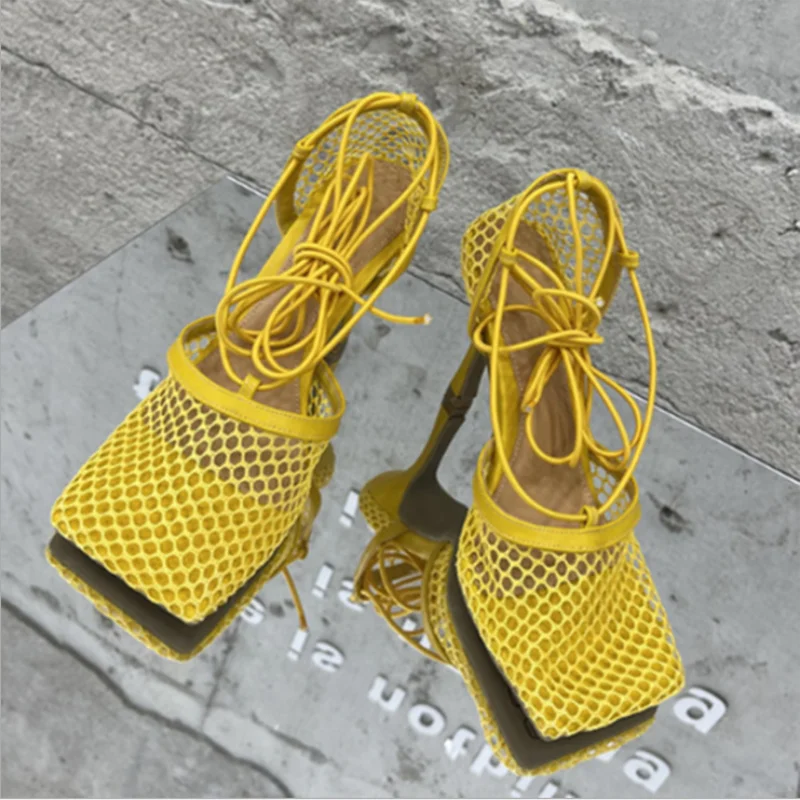 

2021 European and American Summer New Fashion Mesh Breathable Casual Square Toe Stiletto Heel Lace-up Women's Sandals XM299