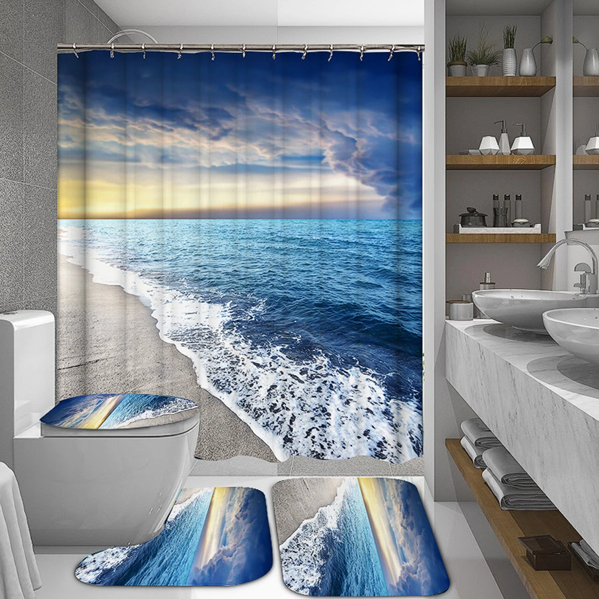 Goede Coastal Strand Landschap Gedrukt Patroon Douchegordijn Voetstuk Tapijt Deksel Wc Cover Mat Badmat Set Badkamer Gordijnen Met Haken