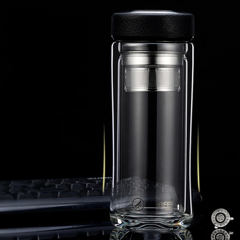 Стеклянная бутылка для воды с двойными стенками и чайным фильтром из нержавеющей