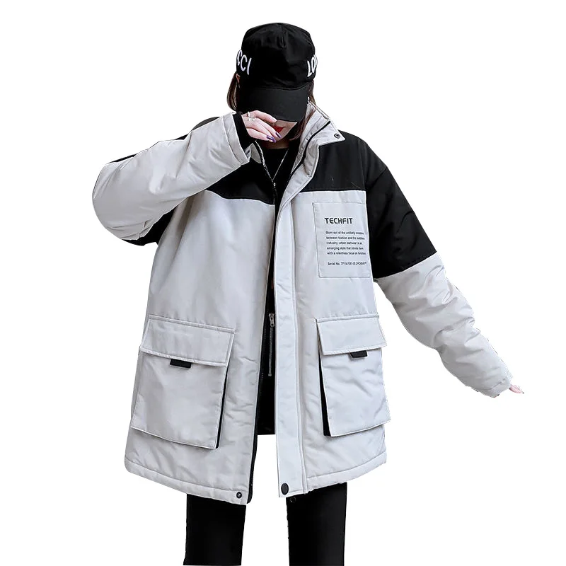 

Winter Stand-up Collar Jacket Men's Printed Letter Mid-length Coats Thicken Loose Warm Splicing Pocket Windproof Work Jackets