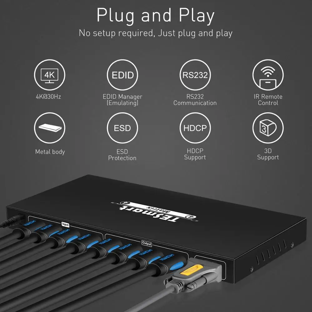 TESmart Ultra HD 4K HDMI 4X4 матричный коммутатор 4 порта входа и выхода с RS232 ИК пультом