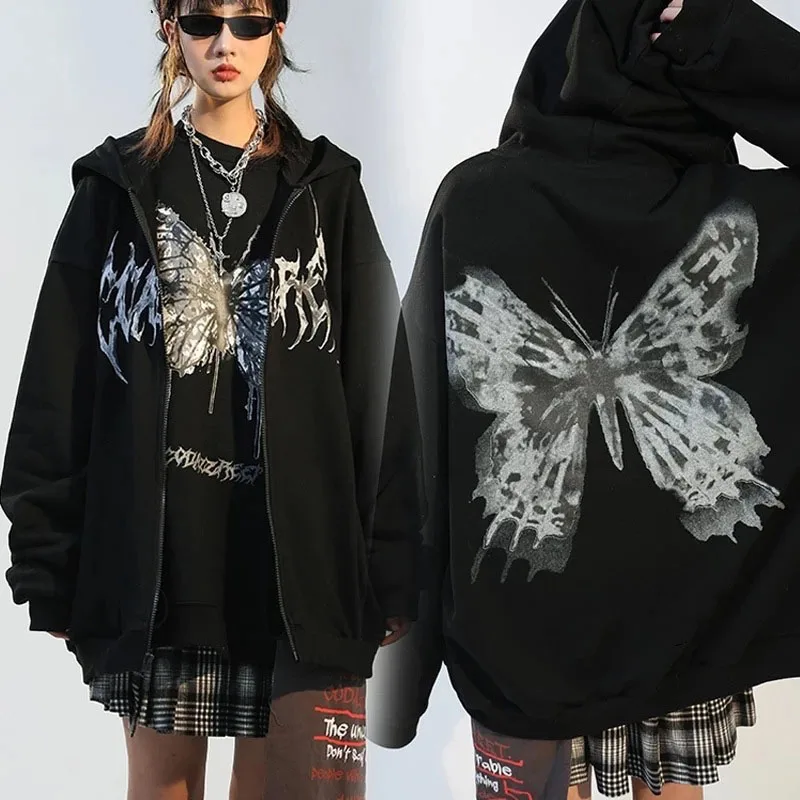 

Black Zip Up Top Baggy Oversized Hoodies Butterfly Print Gothic Streetwear Jacket Poleron Retro Vintage Fashion Sweatshirt Women