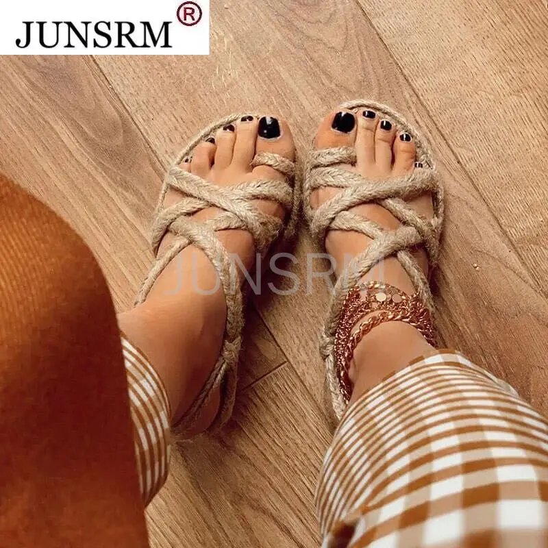 

2021 Ladies Sandals Round Toe Slip-On Woven Rope Knots Beach Casual Roman Shoes Braided Knots Casual Beach Sandalias Mujer