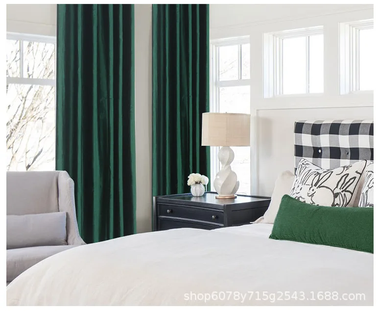 Занавеска s для гостиной спальни мягкая облегающая темно зеленая блестящая