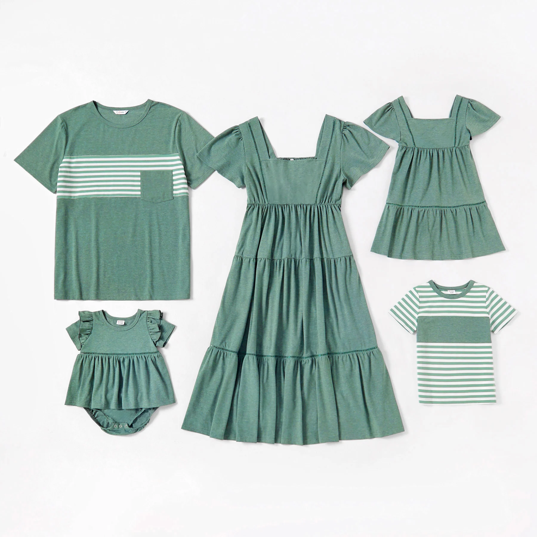 

PatPat 2021 New Arrival Summer Mosaic Family Matching Green Series Sets(Square Collar Dresses - T-shirts - Rompers)